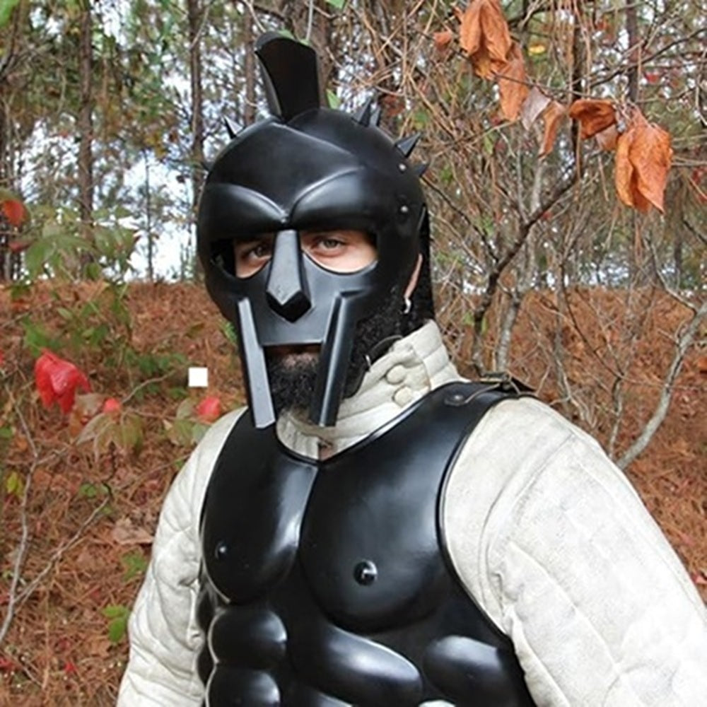 Black Spartan Gladiator Helmet with wooden stand