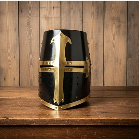 Templar Crusader Helmet – Black Brass Medieval Knight Helm with Stand