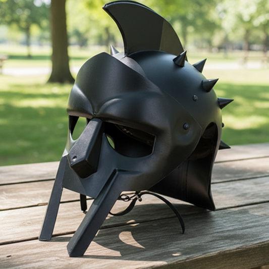 Black Spartan Gladiator Helmet with wooden stand