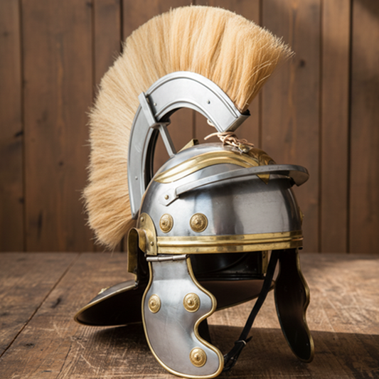 Roman Centurion Helmet with Brown Plume & Wooden Stand