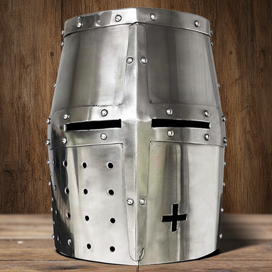 Knight Templar Helmet Silver with Wooden Stand