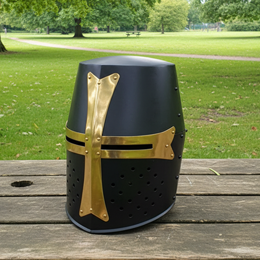 Medieval Templar Crusader Helmet | wooden stand