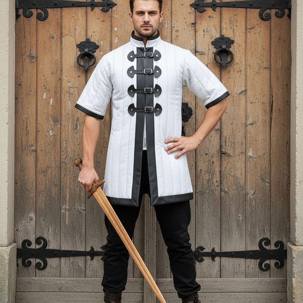 Medieval Blue Gambeson with Black Leather Trim β Short Sleeve Padded Armor