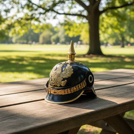 German Pickelhaube black Officer Helmet Wooded Stand ,