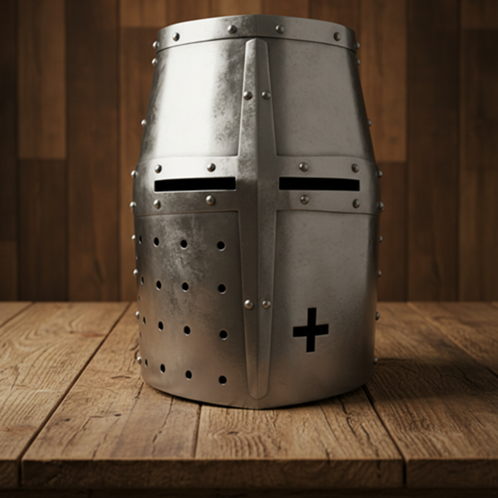 Knight Templar Helmet Silver with Wooden Stand