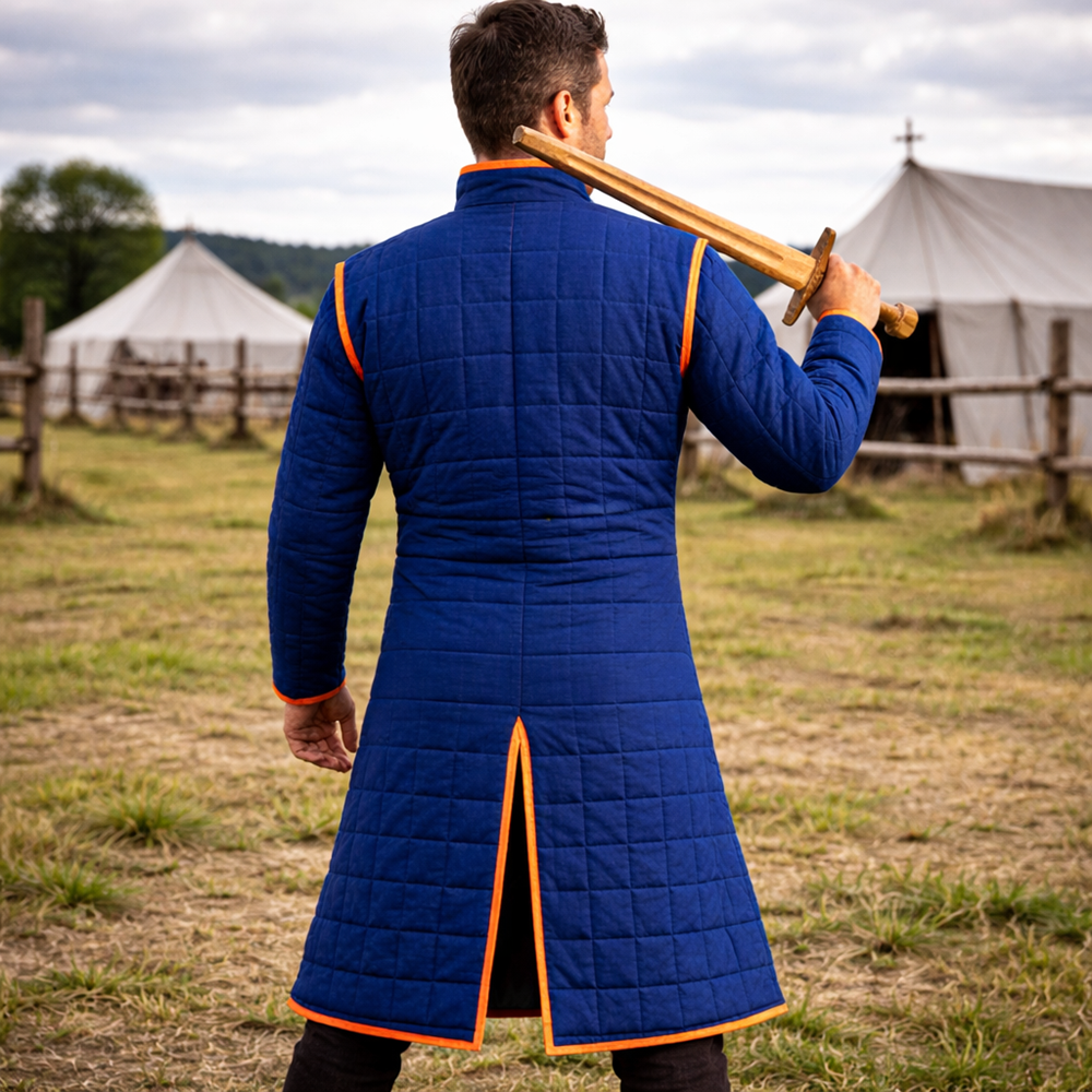 Medieval Blue Gambeson Jacket – Padded Arming Coat with Buckles