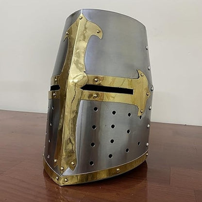 Medieval Brass Crusader Templar Helmet with Wooden Display Stand – Gift Item