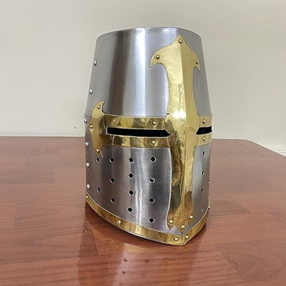 Medieval Brass Crusader Templar Helmet with Wooden Display Stand – Gift Item
