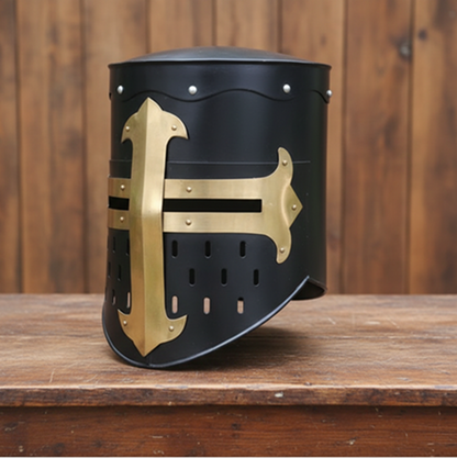 Medieval Crusader Helmet – Black Knight Armor Helmet with wooden stand
