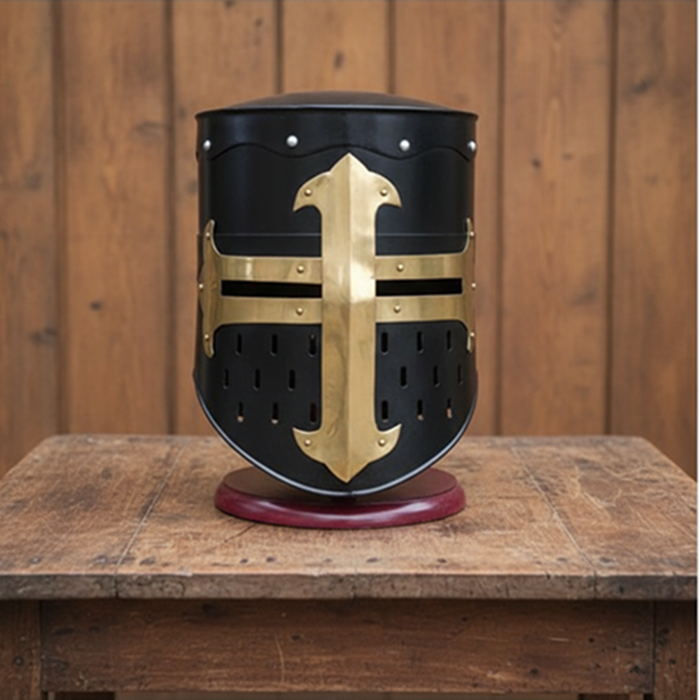 Medieval Crusader Helmet – Black Knight Armor Helmet with wooden stand