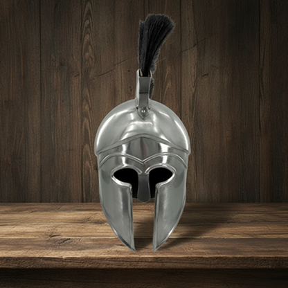 Greek Silver Helmet with Black Plume on Wooden Stand – Spartan Warrior Armor Replica Decor Helmet