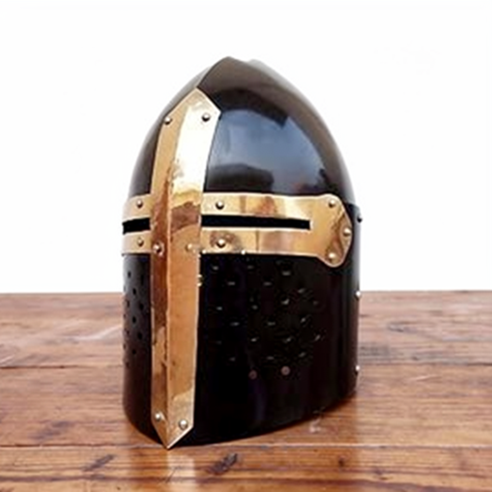 Medieval Black Sugarloaf Helmet – Knight Crusader Armor Helm with Wooden Stand