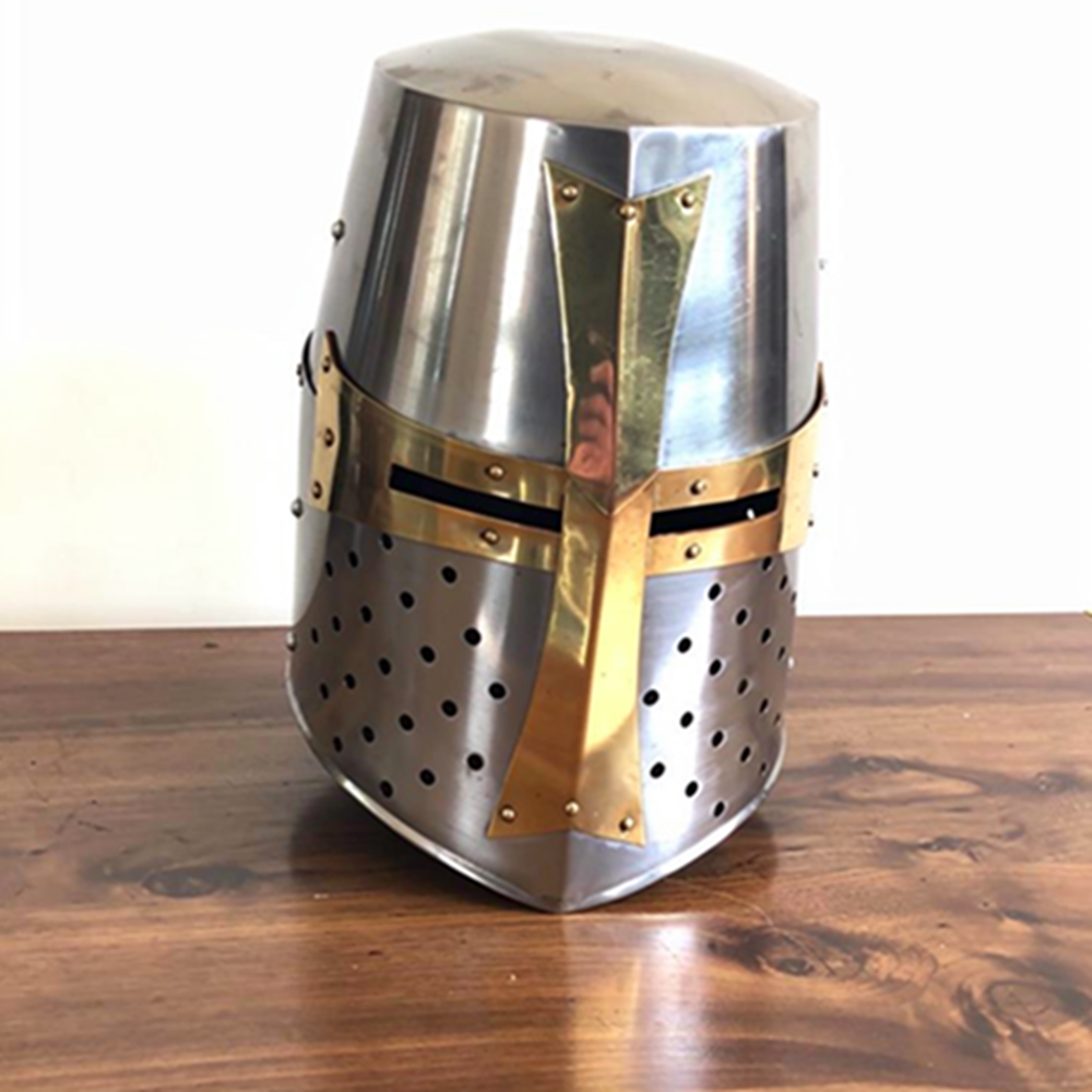 Templar Crusader Knight Helmet – Medieval Steel Armor with Display Stand