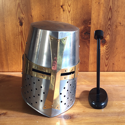 Templar Crusader Knight Helmet – Medieval Steel Armor with Display Stand
