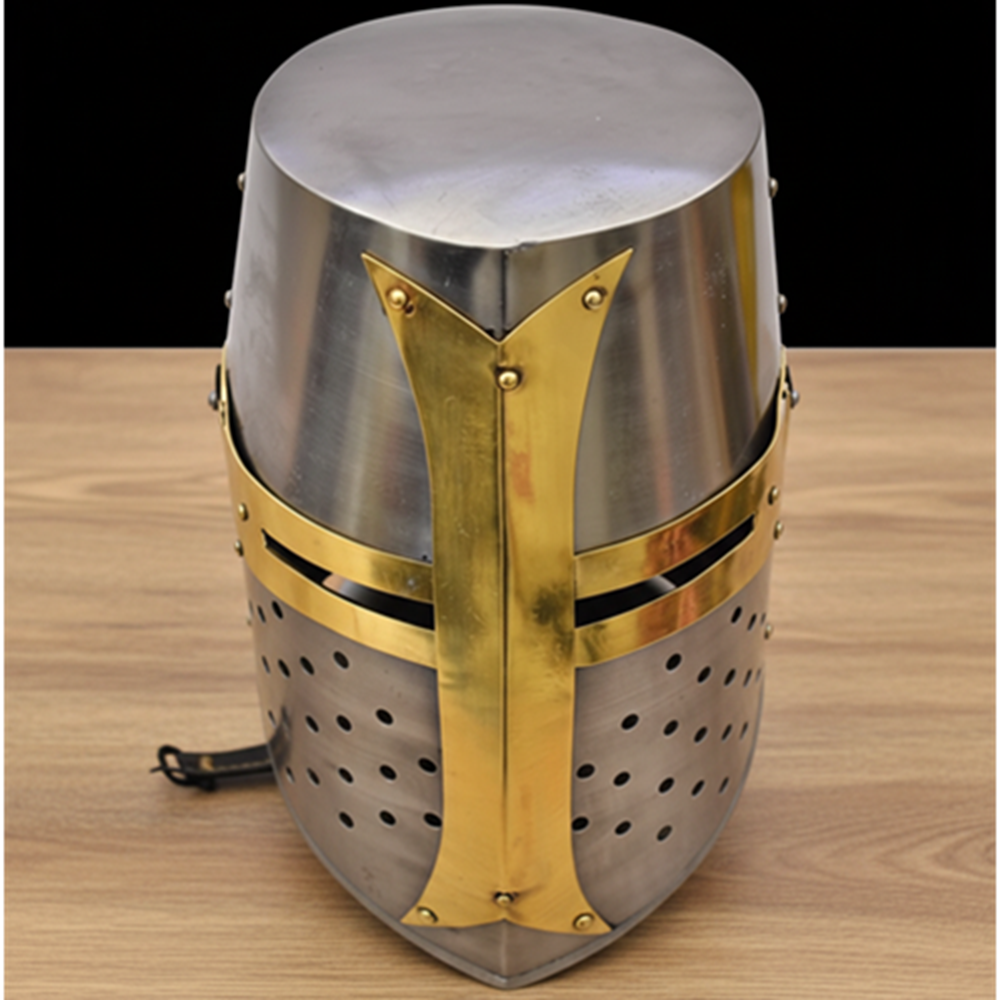 Templar Crusader Knight Helmet – Medieval Steel Armor with Display Stand
