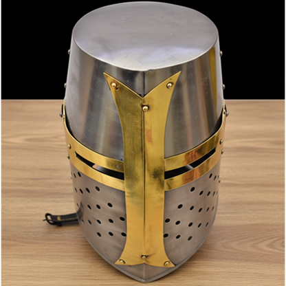 Templar Crusader Knight Helmet – Medieval Steel Armor with Display Stand