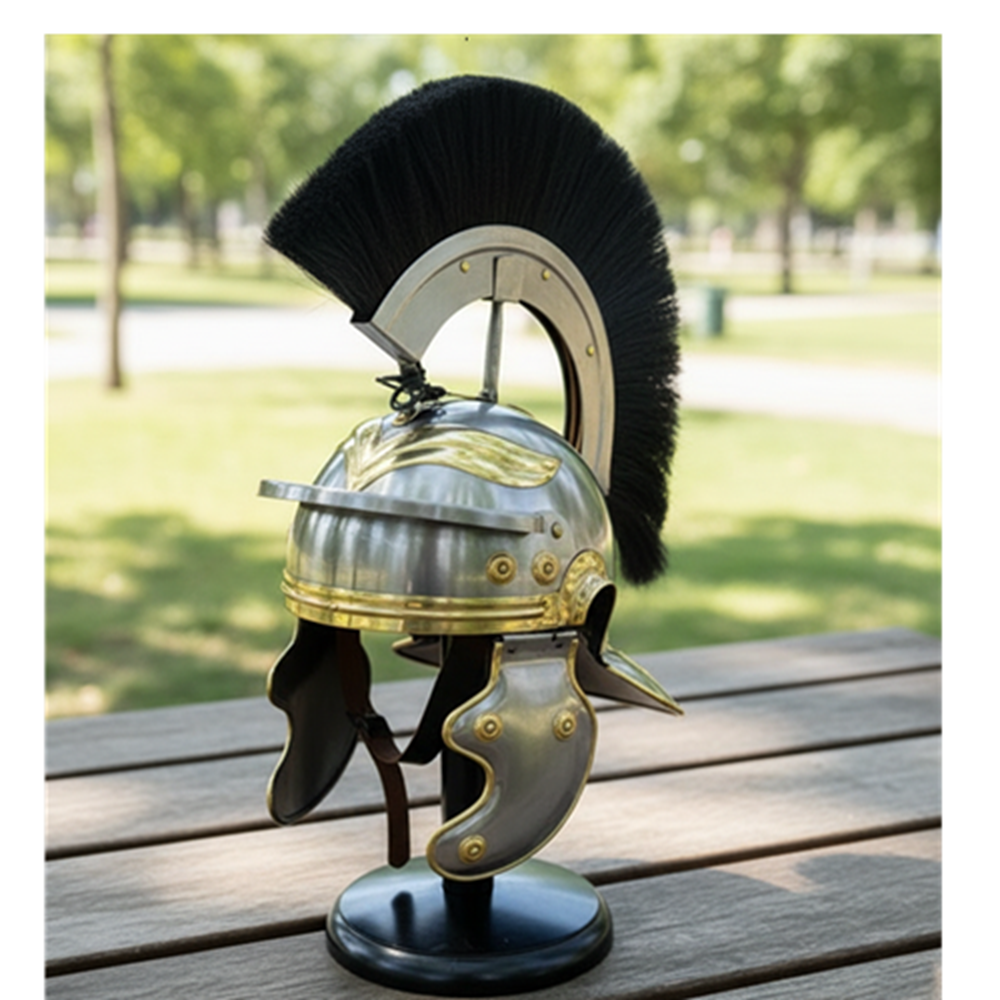 Roman Helmet with Black Plume –Wooden Stand