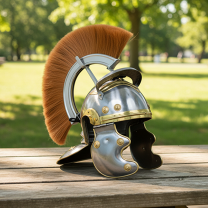 Roman Centurion Helmet with Brown Plume & Wooden Stand