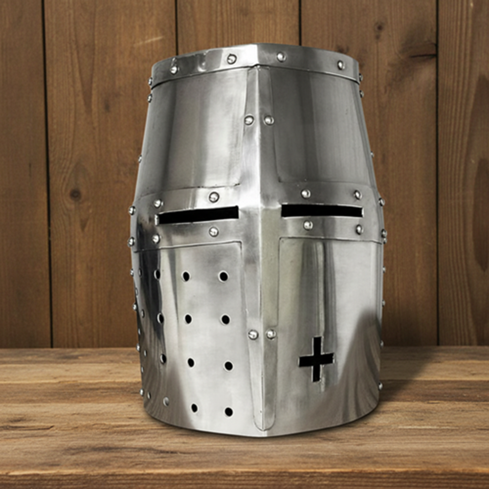 Knight Templar Helmet Silver with  Wooden Stand