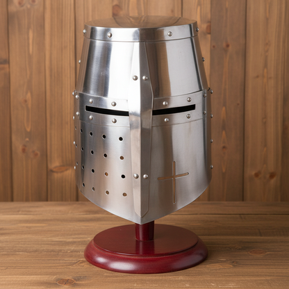 Knight Templar Helmet Silver with  Wooden Stand