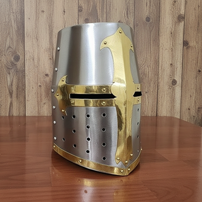 Medieval Brass Crusader Templar Helmet with Wooden Display Stand – Gift Item