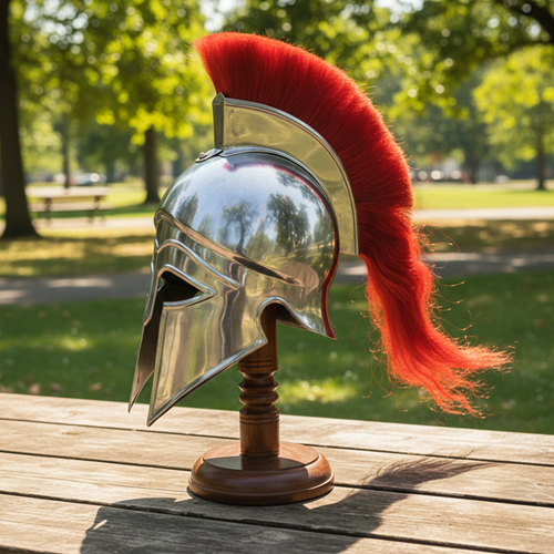 Greek Corinthian Helmet Silver Finish | Red Plume with Wooden stand
