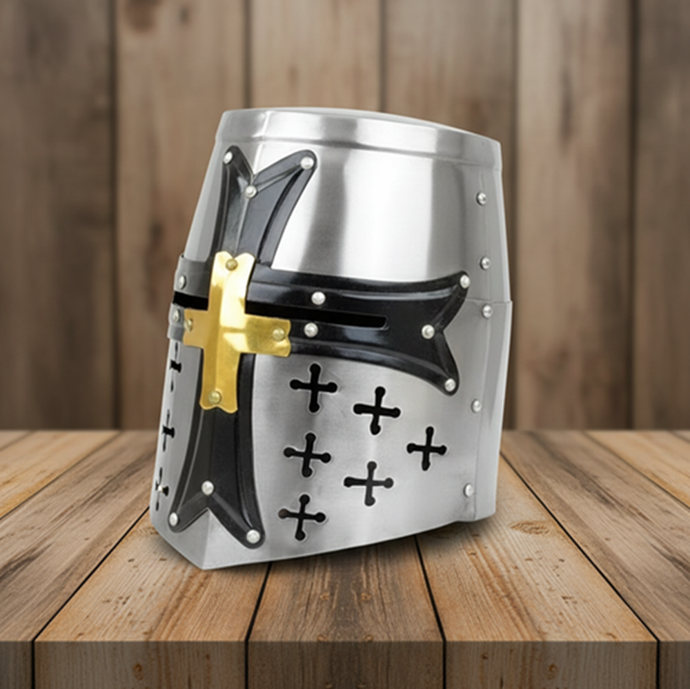 Crusader Templar Helmet Silver Steel Black Cross with Wooden Stand