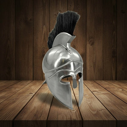 Greek Silver Helmet with Black Plume on Wooden Stand – Spartan Warrior Armor Replica Decor Helmet