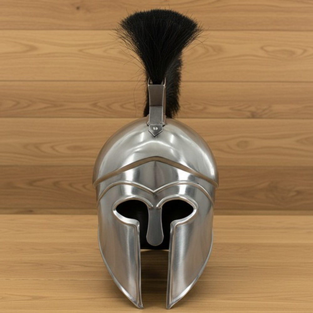 Greek Silver Helmet with Black Plume on Wooden Stand – Spartan Warrior Armor Replica Decor Helmet