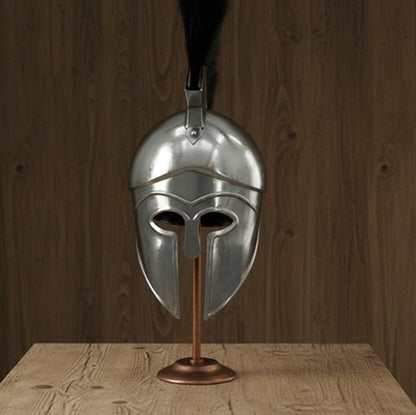 Greek Silver Helmet with Black Plume on Wooden Stand – Spartan Warrior Armor Replica Decor Helmet