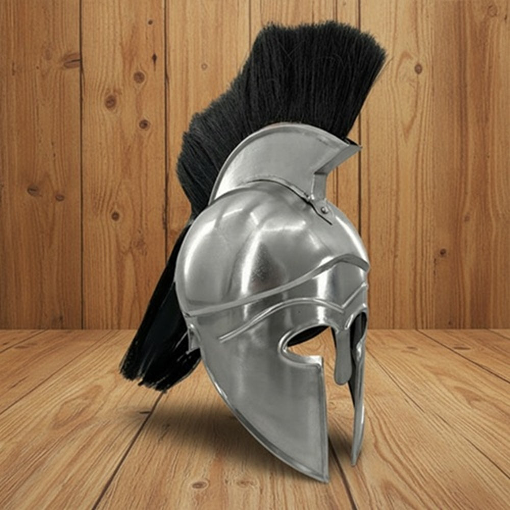 Greek Silver Helmet with Black Plume on Wooden Stand – Spartan Warrior Armor Replica Decor Helmet