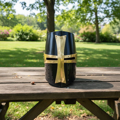 Medieval Templar Crusader Helmet |  wooden stand