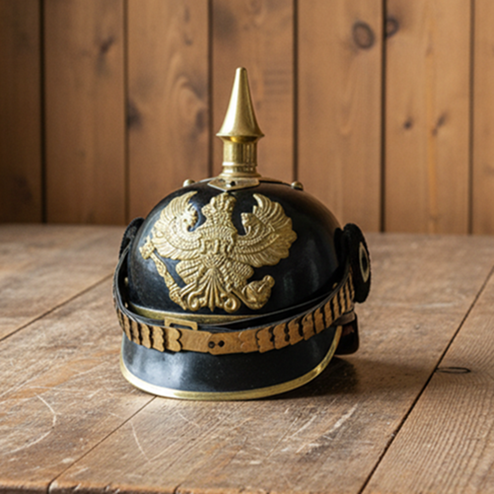 German Pickelhaube black Officer Helmet  Wooded Stand ,