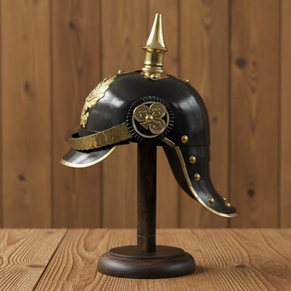 German Pickelhaube black Officer Helmet  Wooded Stand ,