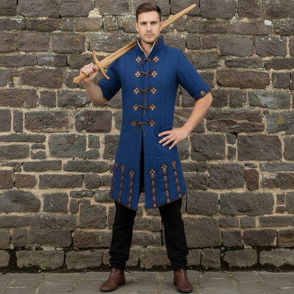 Medieval Blue Gambeson – Padded Armor Coat with Leather Closures for LARP & Ren Faire