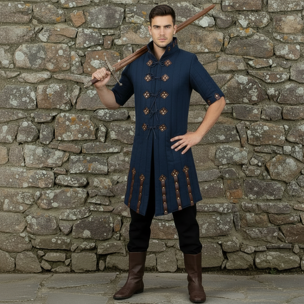 Medieval Blue Gambeson – Padded Armor Coat with Leather Closures for LARP & Ren Faire