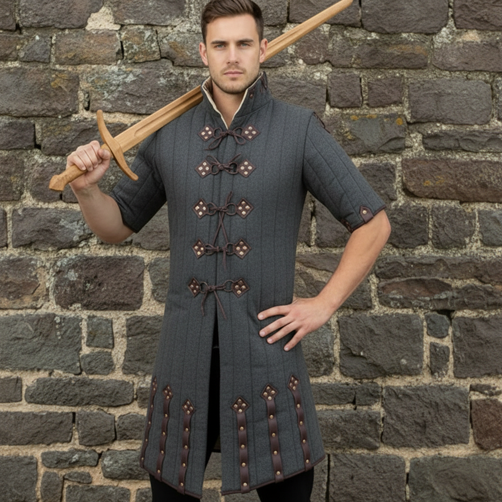 Medieval Blue Gambeson – Padded Armor Coat with Leather Closures for LARP & Ren Faire