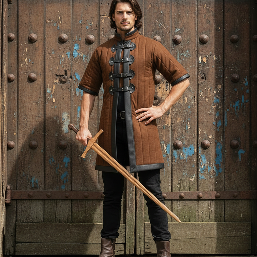 Medieval Blue Gambeson with Black Leather Trim – Short Sleeve Padded Armor