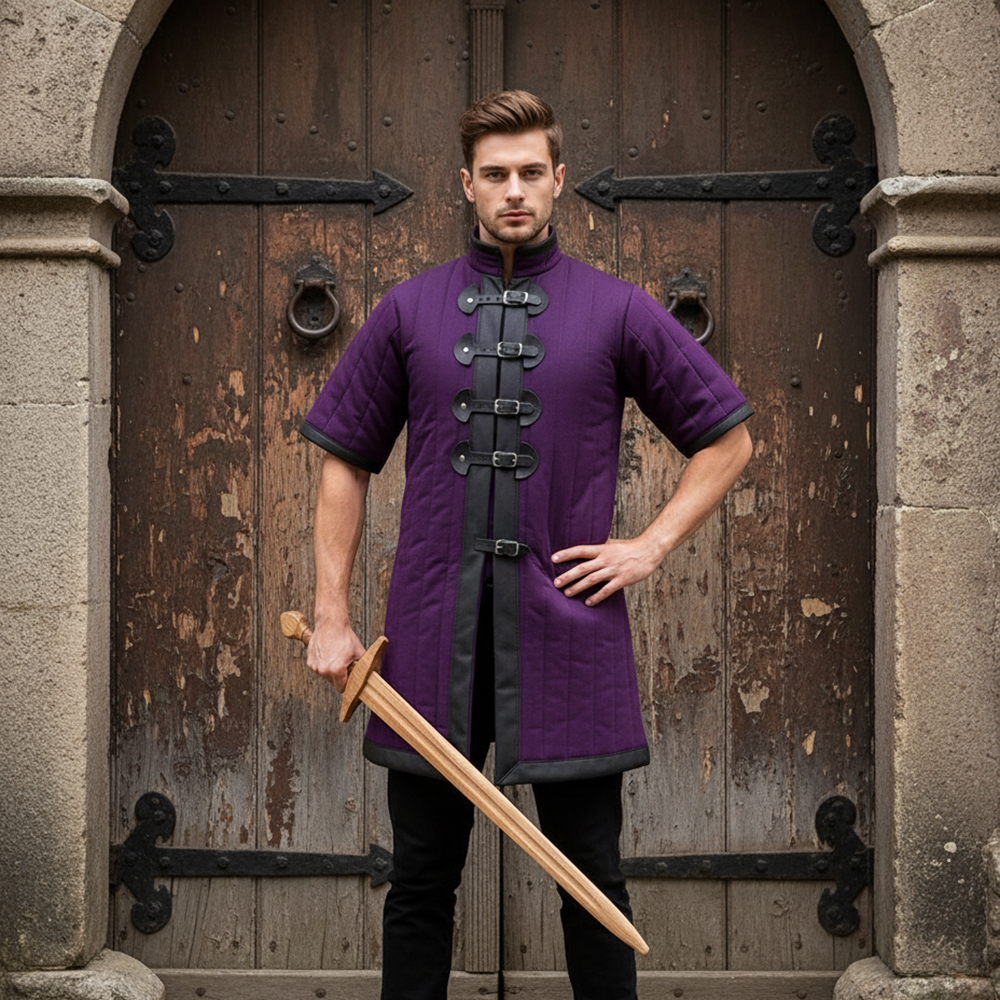 Medieval Blue Gambeson with Black Leather Trim – Short Sleeve Padded Armor