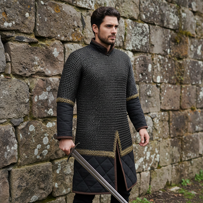 9mm Chainmail Haubergeon: Riveted Flat Ring Viking Shirt with Brass Trim for events