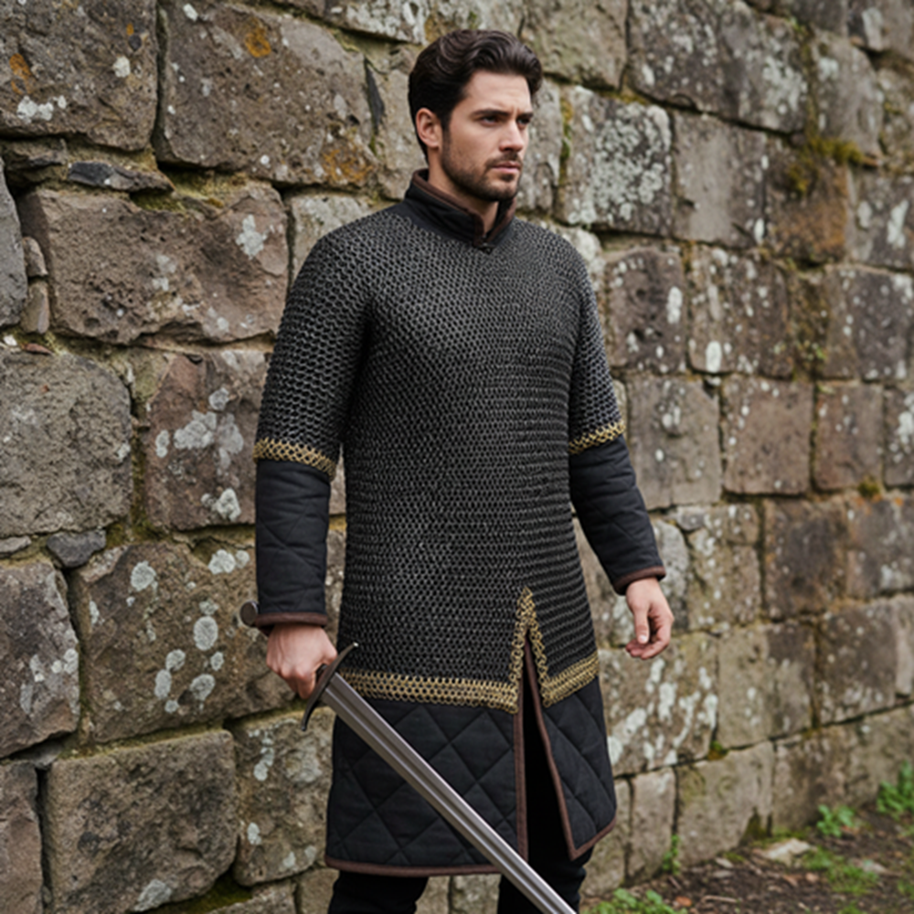 9mm Chainmail Haubergeon: Riveted Flat Ring Viking Shirt with Brass Trim for events