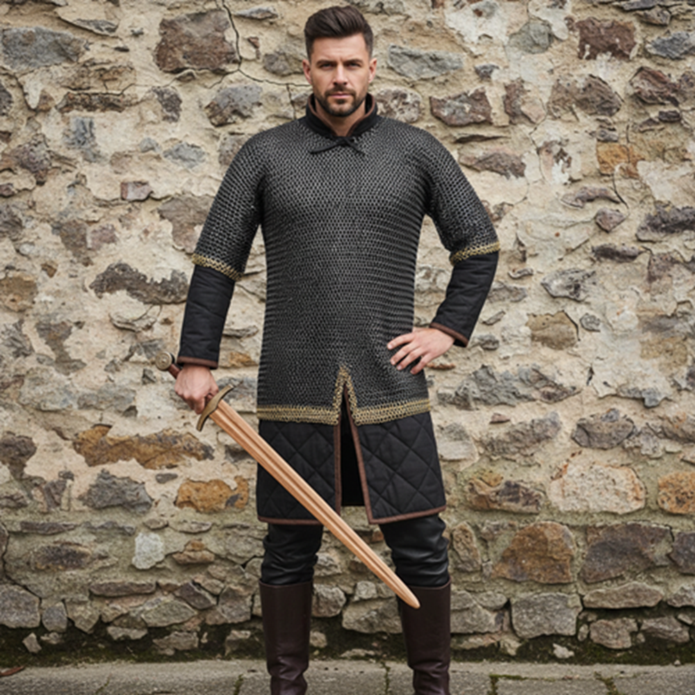 9mm Chainmail Haubergeon: Riveted Flat Ring Viking Shirt with Brass Trim for events
