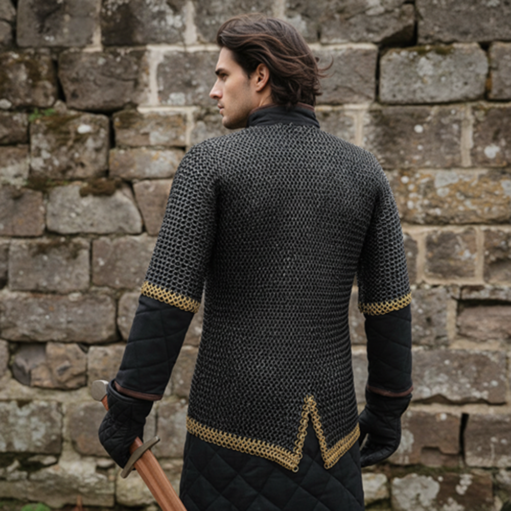 9mm Chainmail Haubergeon: Riveted Flat Ring Viking Shirt with Brass Trim for events
