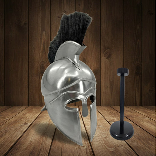 Greek Silver Helmet with Black Plume on Wooden Stand – Spartan Warrior Armor Replica Decor Helmet