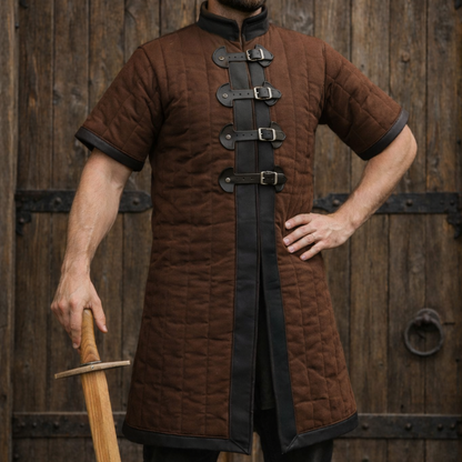 Medieval Blue Gambeson with Black Leather Trim – Short Sleeve Padded Armor