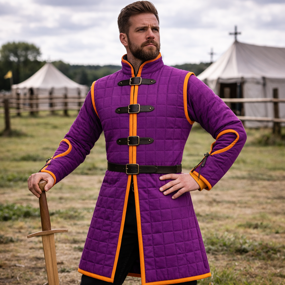 Medieval Blue Gambeson Jacket – Padded Arming Coat with Buckles