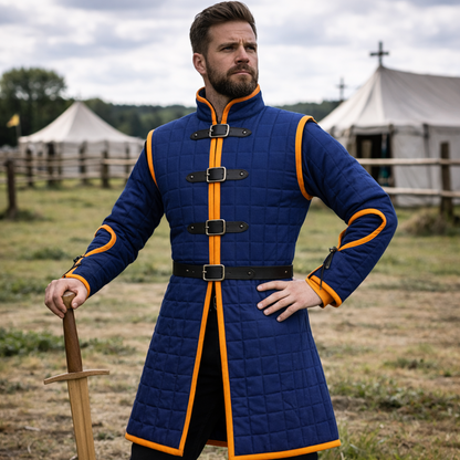 Medieval Blue Gambeson Jacket – Padded Arming Coat with Buckles