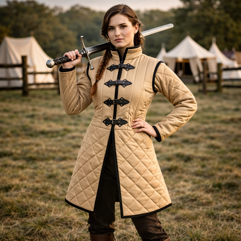 Medieval Long Gambeson Jacket – Black Leather Trim LARP Armor