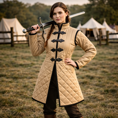 Medieval Long Gambeson Jacket – Black Leather Trim LARP Armor