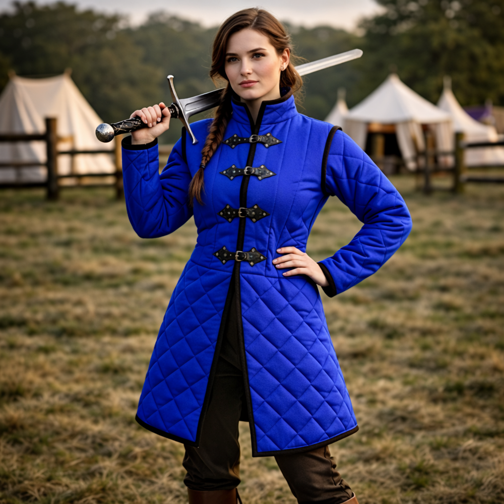 Medieval Long Gambeson Jacket – Black Leather Trim LARP Armor